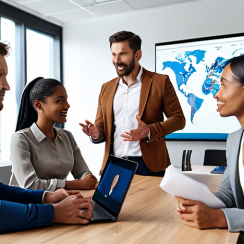 Home 4 **
A diverse group of professionals in a modern office setting, collaborating during a virtual meeting. Focus on clear communication and positive body language, highlighting the importance of virtual communication in business English.
**