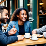 Overcoming the Fear of Speaking**

A friendly, diverse group of language learners participating in a conversation exchange at a café in Paris. They are all smiling and engaged in discussion, fully clothed and wearing casual attire. The atmosphere is relaxed and supportive. Include coffee cups and pastries on the tables. Safe for work, appropriate content, family-friendly, professional, correct proportions, well-formed hands, natural pose.

**