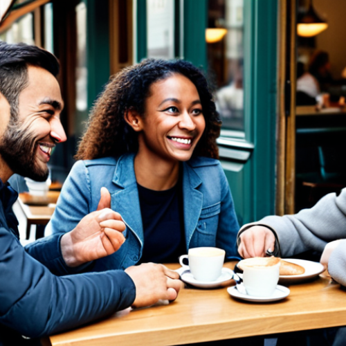 Home 7 Overcoming the Fear of Speaking**
A friendly, diverse group of language learners participating in a conversation exchange at a café in Paris. They are all smiling and engaged in discussion, fully clothed and wearing casual attire. The atmosphere is relaxed and supportive. Include coffee cups and pastries on the tables. Safe for work, appropriate content, family-friendly, professional, correct proportions, well-formed hands, natural pose.
**