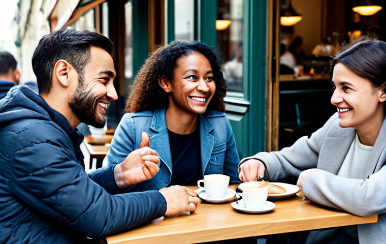 Overcoming the Fear of Speaking**

A friendly, diverse group of language learners participating in a conversation exchange at a café in Paris. They are all smiling and engaged in discussion, fully clothed and wearing casual attire. The atmosphere is relaxed and supportive. Include coffee cups and pastries on the tables. Safe for work, appropriate content, family-friendly, professional, correct proportions, well-formed hands, natural pose.

**
