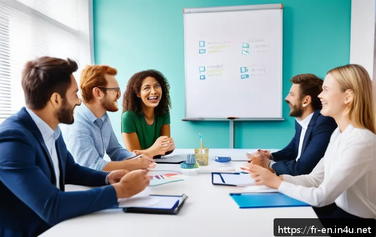 영어 문화와 표현 - A lively international office meeting scene with diverse professionals from British, American, and A...