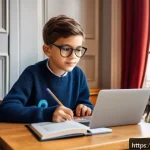 Home 18 영어 사전 활용법 - A cozy study room scene featuring a young French learner sitting at a wooden desk with an open bilin...