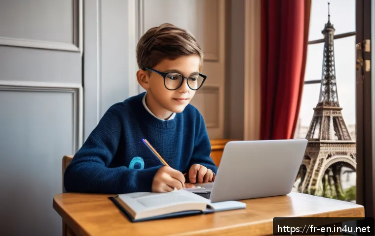 영어 사전 활용법 - A cozy study room scene featuring a young French learner sitting at a wooden desk with an open bilin...