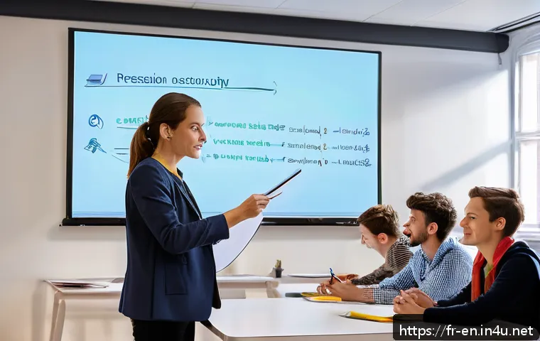 영어 문법 심화 - A professional English language classroom scene set in a modern Parisian office environment, featuri...