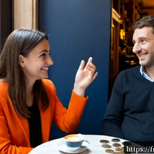 Home 17 영어권 문화에서의 바디랭귀지 - Photorealistic candid scene in a cozy Paris café, a French woman and an English-speaking British col...