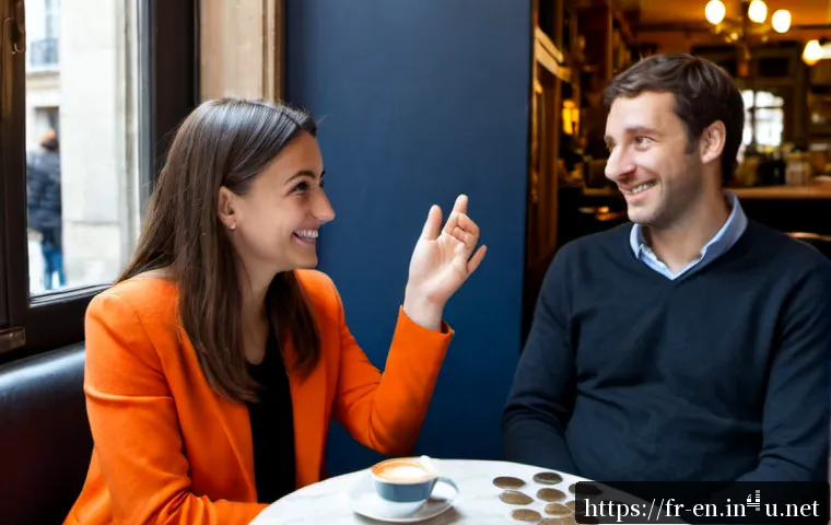 영어권 문화에서의 바디랭귀지 - Photorealistic candid scene in a cozy Paris café, a French woman and an English-speaking British col...