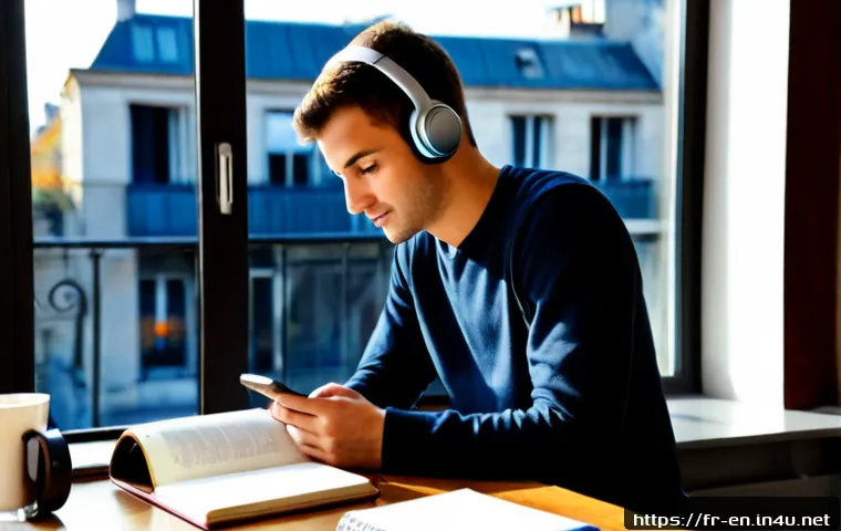 빠르게 영어 배우는 법 - Photorealistic scene of a French adult learner at a bright Paris apartment desk, practicing spoken E...
